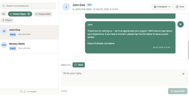 Fulltable messaging interface with review request conversation