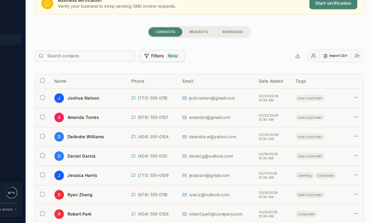 FullTable contact management showing customer list with phone numbers, emails, and tags